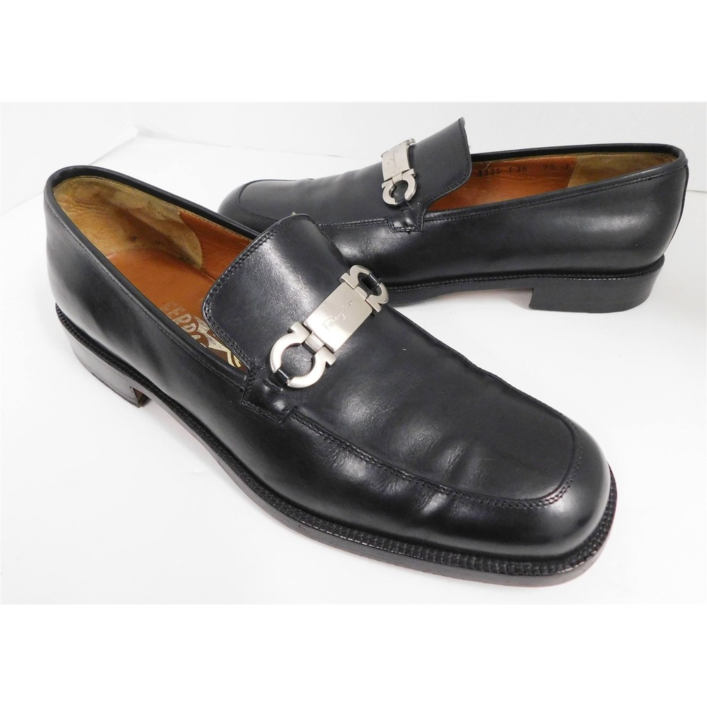 Salvatore Ferragamo Black Leather Nickel Gancini Dress Loafers Italy‎ 7.5 D